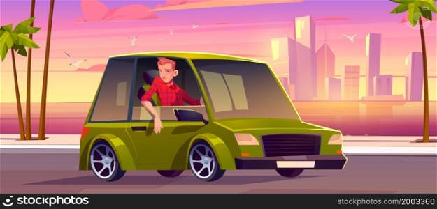 Man driving car at road with sunset cityscape view with skyscrapers and palm trees at seaside, Driver cartoon character wear red chequered shirt riding at green sedan automobile, Vector illustration. Man driving car at road with sunset cityscape