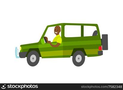 Man driving green car, side view of flat automobile, tourist and travel transport. Journey in vehicle, driver sitting in auto, lifestyle and leisure vector. Journey in Green Vehicle, Driver in Car Vector