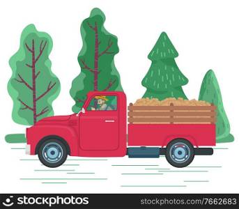 Man driving lorry with potato harvest on road in countryside. Red car ride from farm to town with vegetables on hind carriage. Beautiful landscape with green trees. Vector illustration in flat style. Man Driving Lorry with Potato Harvest, Farming