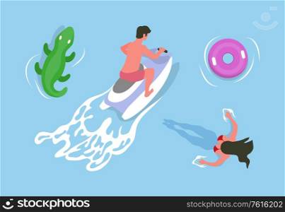 Man driving on water bike, swimming woman, rubber, inflatable circle and inflatable crocodile, female relaxing in sea or pool, summer activity vector. Man Driving Jet Ski, Girl Swimming in Water Vector