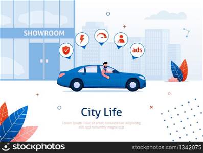 Man Driving Rented or New Car from Showroom Banner Vector Illustration. Cityscape with High Buildings on Background. Shop with Modern Vehicles. Character Looking out of Transport Icons.. Man Driving New Car with Icons from Showroom.