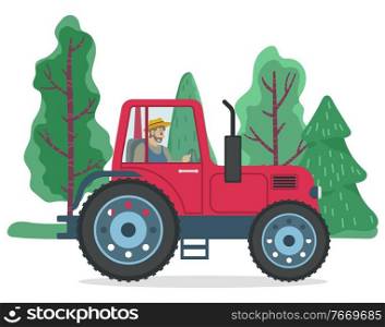 Man driving tractor near green trees in countryside. Worker sitting in vehicle near woods in summer time. Side view of harvesting machine with driver near spruce symbol isolated on white vector. Farmer Driving Tractor near Green Trees Vector