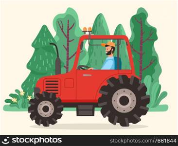 Man driving tractor on road in countryside. Red agriculture machinery with big wheels. Farm vehicle used to mechanize agricultural tasks. Beautiful landscape with green trees. Vector illustration. Man Driving Tractor, Farm Agriculture Vehicle