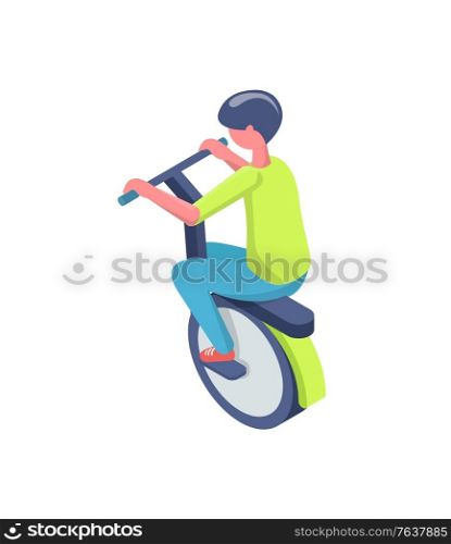 Man driving unicycle, back view of boy character balancing on transport, electric vehicle, kid in casual clothes on modern equipment with one wheel vector. Kid Balancing on Wheel, Electric Transport Vector