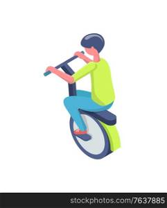 Man driving unicycle, back view of boy character balancing on transport, electric vehicle, kid in casual clothes on modern equipment with one wheel vector. Kid Balancing on Wheel, Electric Transport Vector