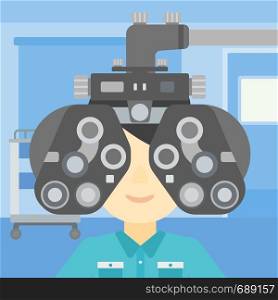 Man during an eye examination. Man visiting optometrist at the medical office. Man undergoing medical examination at the oculist. Vector flat design illustration. Square layout.. Patient during eye examination vector illustration