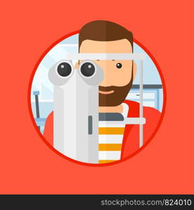 Man during an eye examination. Man visiting optometrist at the medical office. Man undergoing medical examination at the oculist. Vector flat design illustration in the circle isolated on background.. Patient during eye examination.