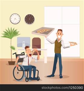 Man Eat Pizza at Office. Happy Disabled Coworker. Wheelchair Freelancer at Lunch. Happy Businessman Stand, Hold Box, Plan to Have Slice of Italian Food. Cartoon Flat Vector Illustration. Man Eat Pizza at Office. Happy Disabled Coworker