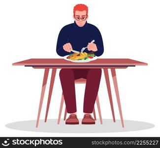 Man eating fish with knife and fork semi flat RGB color vector illustration. Foodie lifestyle. Healthy appetite. Person eating out alone isolated cartoon character on white background. Man eating fish with knife and fork semi flat RGB color vector illustration