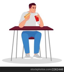 Man eating hot dog with carbonated drink semi flat RGB color vector illustration. Foodie lifestyle. Healthy appetite. Person eating out alone isolated cartoon character on white background. Man eating hot dog with carbonated drink semi flat RGB color vector illustration
