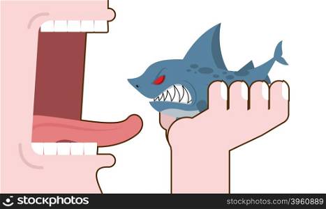 Man eating shark. Destruction of marine predator. Consumption underwater animal. Decimation of fish&#xA;