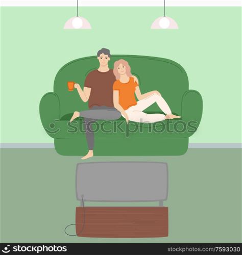 Man embracing woman sitting together on sofa, portrait view of hugging couple watching TV, interior of room in green color, people relaxing together vector. Man and Woman in Living Room Watching TV Vector