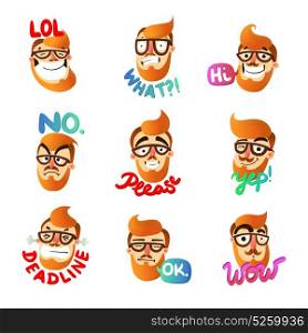 Man Emotions Set. Hipster man face expressing different emotions with speech bubble cartoon isolated on white background vector illustration