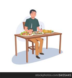 Man Enjoying Delicious Meal. Man is Eating Thai Seafood on Table. Table Full of Food with Thai Seafood. Flat vector cartoon illustation