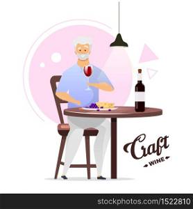 Man enjoying glass of wine flat color vector illustration. Winemaking, vinification. Winemaker with glassful. Male character drinking alcohol beverage. Isolated cartoon character on white
