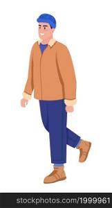 Man enjoying walk semi flat color vector character. Walking figure. Full body person on white. Winter season isolated modern cartoon style illustration for graphic design and animation. Man enjoying walk semi flat color vector character