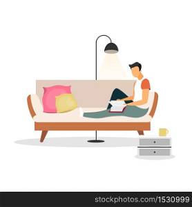 Man, entrepreneur, manager, businessman, male reading book flat vector illustration. Isolated cartoon character on white background. Pastime, leisure. Person sitting on sofa, relaxing with night lamp. Man, entrepreneur, manager, businessman, male reading book flat vector illustration