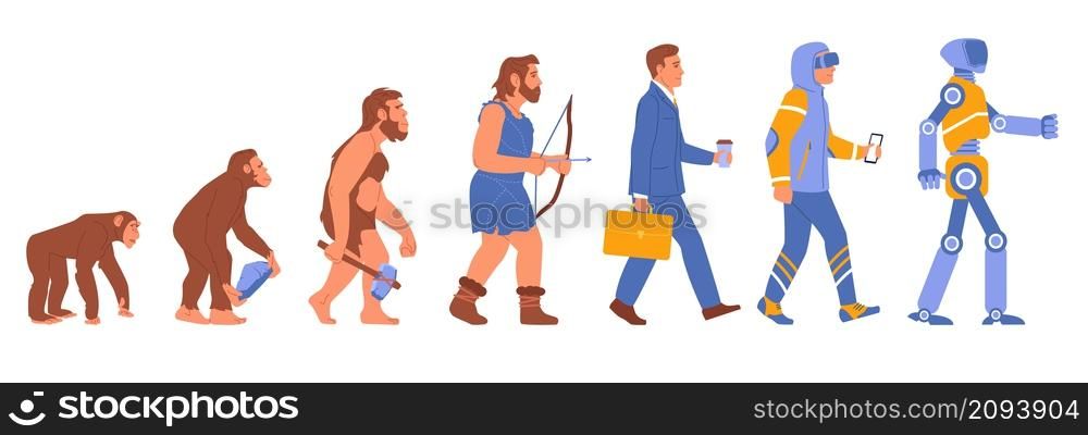 Man evolution. Human development stages. Primate and historical ancestor. Office worker or android. People gradual progress. Sequence from monkey to robot. Vector mankind intermediate evolve steps set. Man evolution. Human development stages. Primate and historical ancestor. Worker or android. People progress. Sequence from monkey to robot. Vector mankind intermediate evolve steps set