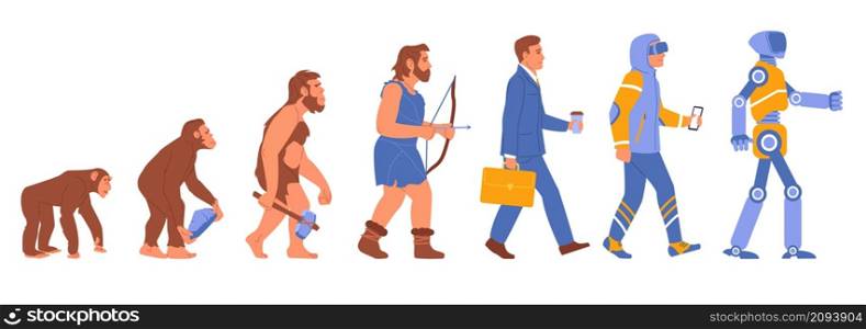 Man evolution. Human development stages. Primate and historical ancestor. Office worker or android. People gradual progress. Sequence from monkey to robot. Vector mankind intermediate evolve steps set. Man evolution. Human development stages. Primate and historical ancestor. Worker or android. People progress. Sequence from monkey to robot. Vector mankind intermediate evolve steps set