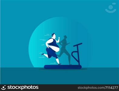 man exercise with fat turning into silhouette Thin for health on blue background