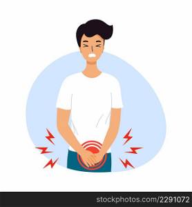 Man experiences pain from cystitis. Bladder diseases and urinary incontinence. Symptoms of prostatitis.