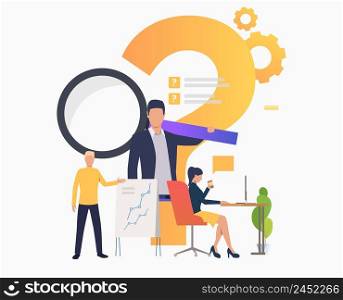 Man explaining chart, woman working with laptop vector illustration. Problem, presentation, internet. Search engine concept. Creative design for layouts, web pages, banners