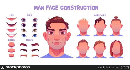 Man face constructor, avatar of caucasian male character creation heads, hairstyle, nose, eyes with eyebrows and lips. Facial elements for construction isolated on white background, cartoon vector set. Man face constructor, avatar of male character