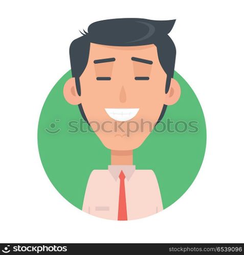 Man face emotive icon. Brunet male character smiling with closed eyes flat vector illustration isolated on white. Happy human psychological portrait. Positive emotions concept. For app, web design. Man Face Emotive Vector Icon in Flat Style . Man Face Emotive Vector Icon in Flat Style