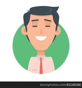 Man face emotive icon. Brunet male character smiling with closed eyes flat vector illustration isolated on white. Happy human psychological portrait. Positive emotions concept. For app, web design. Man Face Emotive Vector Icon in Flat Style . Man Face Emotive Vector Icon in Flat Style