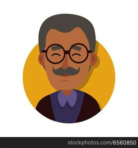 Man face emotive icon. Old man in glasses with mustache smiling with closed eyes isolated flat vector illustration Happy human psychological portrait. Positive emotions user avatar. For web app design. Man Face Emotive Vector Icon in Flat Style  