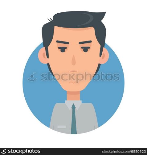 Man face emotive icon. Serious brunet male character with frowned eyebrows flat vector illustration isolated on white. Sad human psychological portrait. Negative emotions concept. For app, web design. Man Face Emotive Vector Icon in Flat Style  