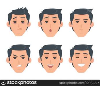 Man face emotive icons. Smiling, angry, surprised, laughing, serious, tired male head flat vector set isolated on white. Human psychological portraits. Variety emotions concept. For app, web design. Man Face Emotive Vector Icon in Flat Style Set . Man Face Emotive Vector Icon in Flat Style Set