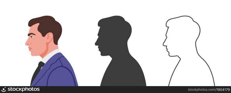 Man face from the side. Silhouettes of people in three different styles. Profile of a Face. Vector illustration