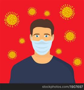 man face in respiratory protective mask and coronavirus cell disease. Coronavirus flu. Dangerous cases of flu. Medical health risk. vector illustration in flat design. man face in respiratory protective mask