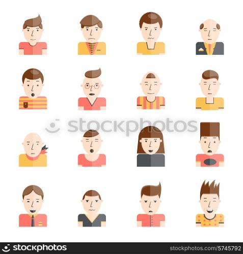 Man faces collection with mood expressions flat icons set isolated vector illustration