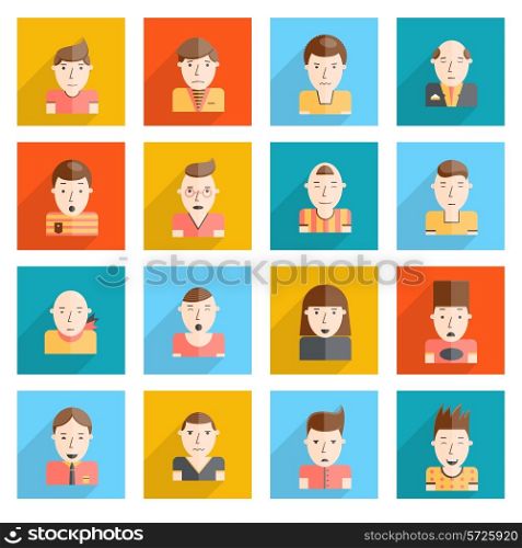 Man faces emoticons icons flat set with sadness smiley happiness surprise expressions isolated vector illustration