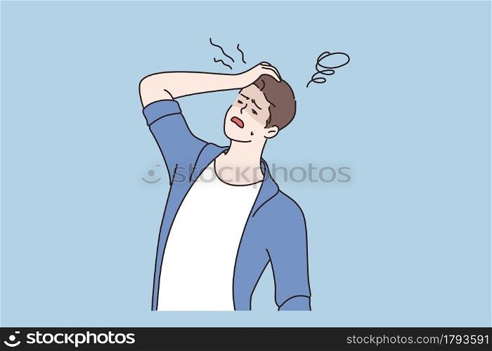 Man fainting and Symptom of disease concept. Sick unhappy irritated man cartoon character standing holding head having dizziness vector illustration. Man fainting and Symptom of disease concept