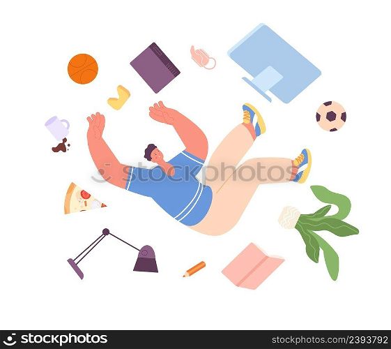 Man falling down. Office guy accident, person doing error in work. Life failure or problems. Male flying with laptop, business fall vector. Illustration of fall down unhappy, falling carelessness. Man falling down. Office guy accident, person doing error in work. Life crisis, failure or problems. Male flying with laptop, business fall utter vector concept