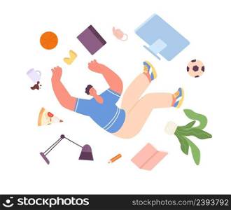 Man falling down. Office guy accident, person doing error in work. Life failure or problems. Male flying with laptop, business fall vector. Illustration of fall down unhappy, falling carelessness. Man falling down. Office guy accident, person doing error in work. Life crisis, failure or problems. Male flying with laptop, business fall utter vector concept