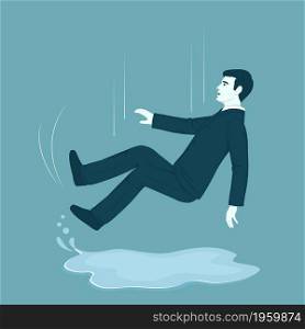 Man Falling in Puddle. Male Character Slipping on Wet Floor. Dangerous Trauma, Danger Accident, Slip and Stumble. Vector Illustration