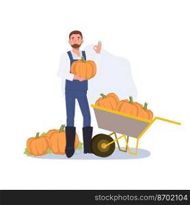 man farmer holding pumpkin and doing OK hand sign. Good product. Flat vector cartoon character illustration.