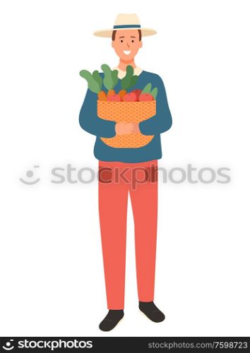 Man farmer with vegetables basket isolated cartoon character in hat. Agriculture concept, farming and person with harvest carrot, potato and lettuce. Man Farmer with Vegetables Basket Isolated Vector