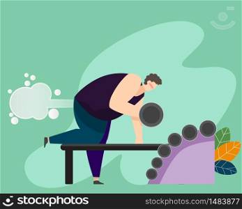 Man Farting With Blank Balloon Out While Exercising With Dumbbells, Concept With Healthcare And Medicine. Vector Illustration.