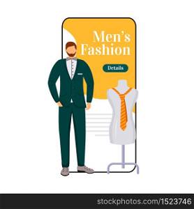 Man fashion cartoon smartphone vector app screen. Designing male outfits. Official style clothes. Mobile phone display with flat character design mockup. Fashion trends application telephone interface