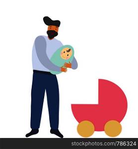 Man father with a newborn baby and pram. Isolated on white background. Pregnancy and parenthood concept illustrations. LGBT parenting. Adoption. App, website or Web Page.illustration.. Man father with newborn and pram