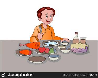 Man Feasting on Fish Meat Vegetables Fruits Cake and Drink, vector illustration