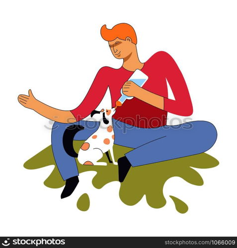 Man feeding small puppy with bottle containing milk vector breeding and care for domestic animals man sitting on grass with pet cheerful character and mammal eating food friendship with doggy.. Man feeding small puppy with bottle containing milk