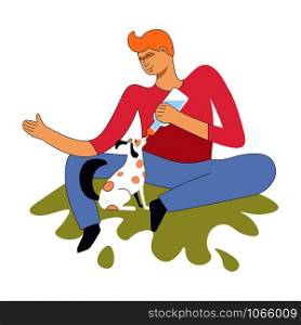 Man feeding small puppy with bottle containing milk vector breeding and care for domestic animals man sitting on grass with pet cheerful character and mammal eating food friendship with doggy.. Man feeding small puppy with bottle containing milk
