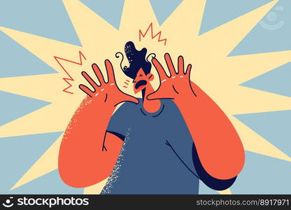 Man feel emotional scream making hand gesture. Terrified guy show stop gesture feeling fear and astonishment. Vector illustration. . Terrified man make hand gesture 