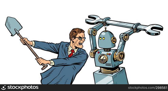 man fights with a robot. Pop art retro vector illustration kitsch vintage. man fights with a robot